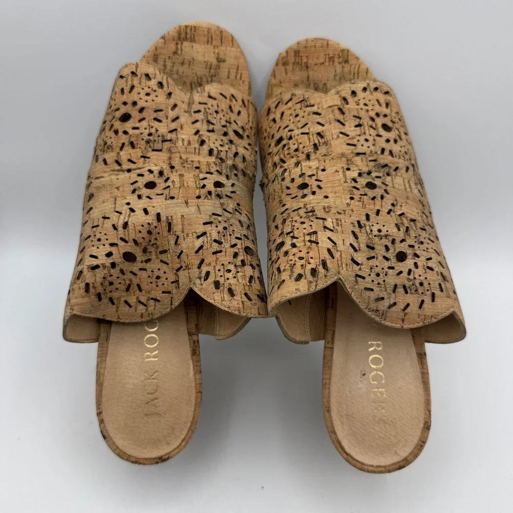 Jack Rogers‎ Wedge Sandals Womens 8 Tan Cork Laser Cut Scalloped Peep Toe Mules